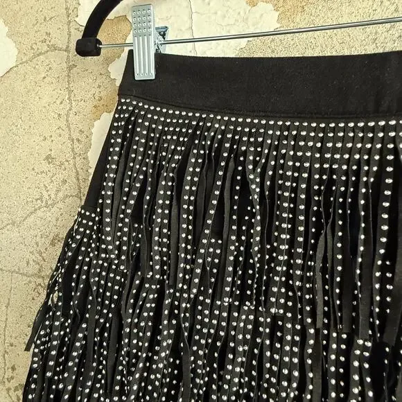 Fringe Mini Skirt Faux Suede Black Studded Western Glam Concert Cowgirl Womens S - Picture 2 of 6